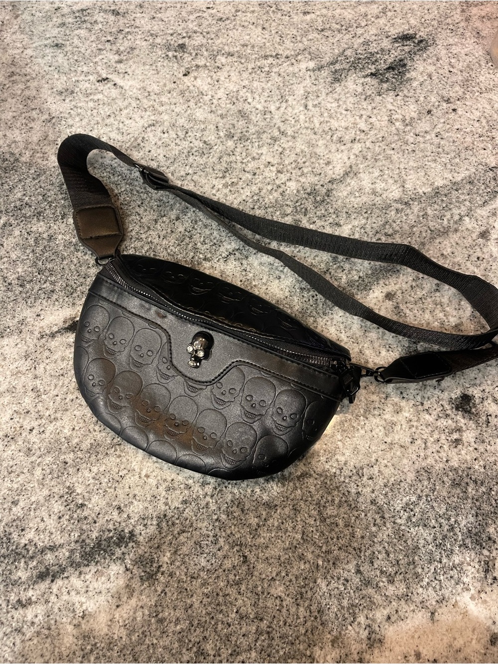 Black Skull-Embossed Crossbody Belt Bag - Unbranded
